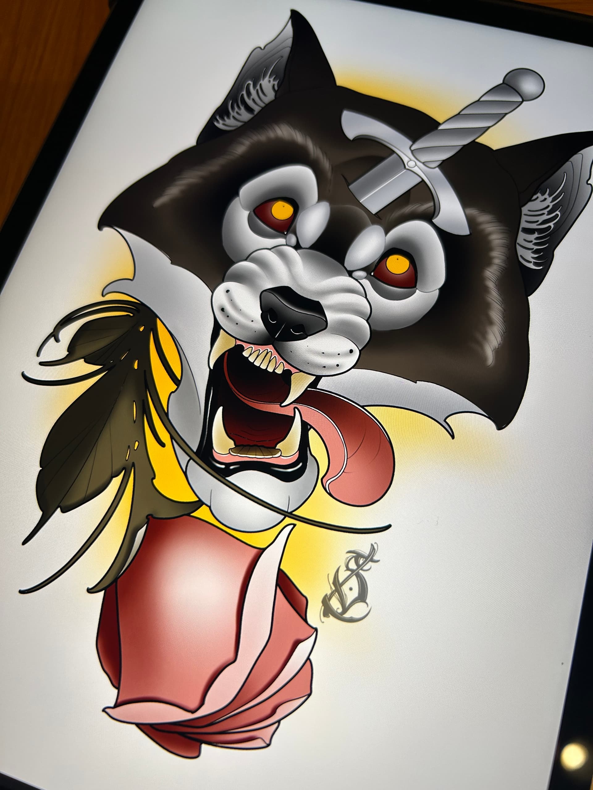 Neo traditional tattoo design of a snarling wolf head with a dagger and pink rose