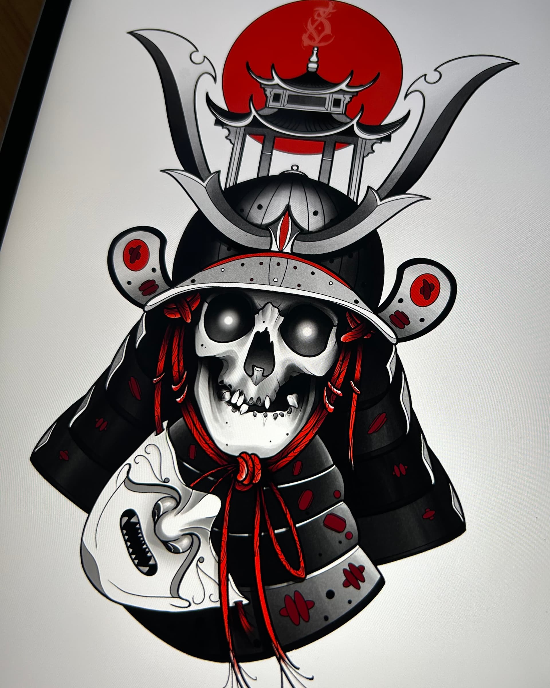 Neo traditional tattoo design of a samurai skull in black armor with red accents and a mask