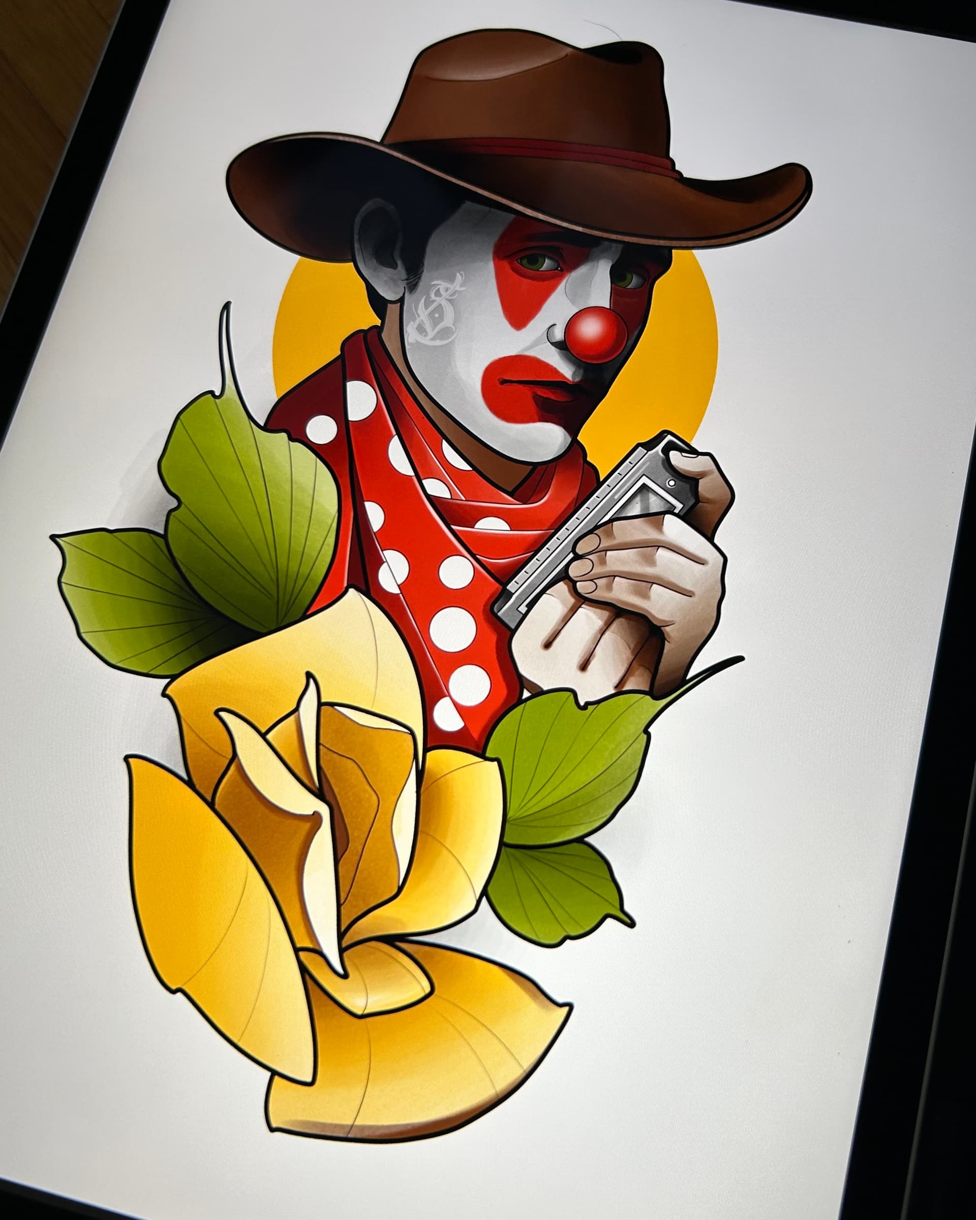 Neo traditional tattoo design of a clown cowboy holding a harmonica with a yellow rose and green leaves