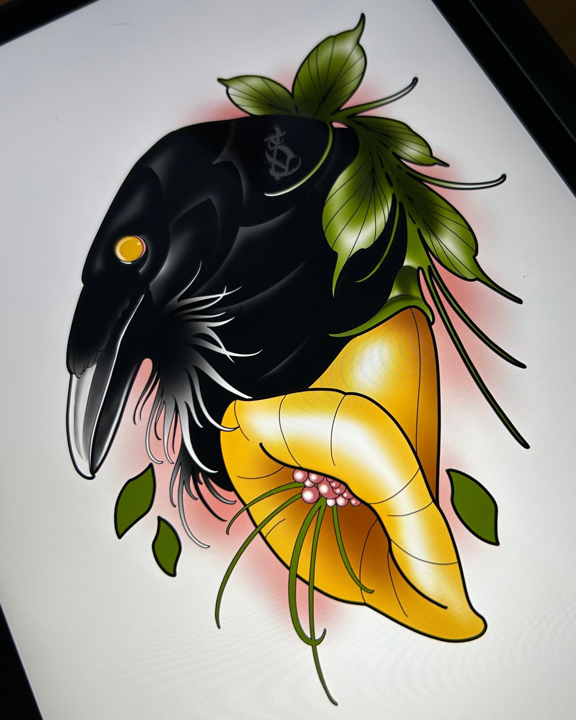 Neo traditional tattoo design of a black raven paired with a yellow flower and green leaves