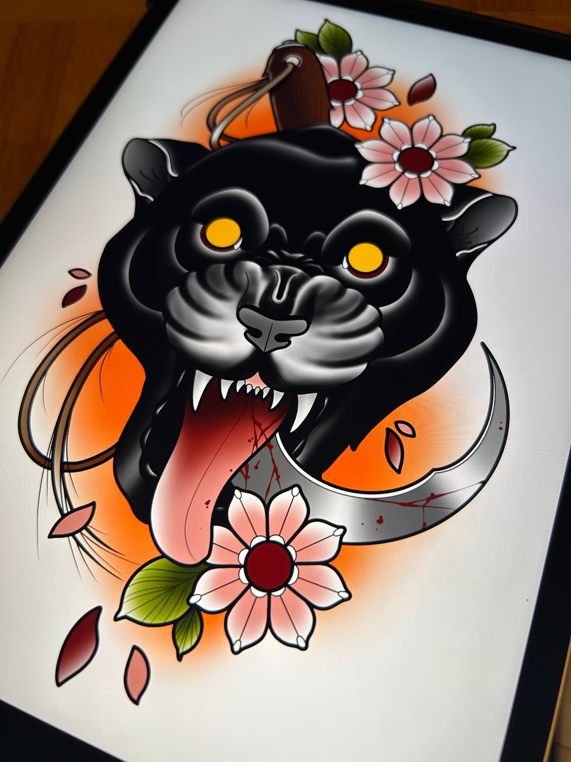 Neo traditional tattoo design of a snarling black panther with flowers and a sickle