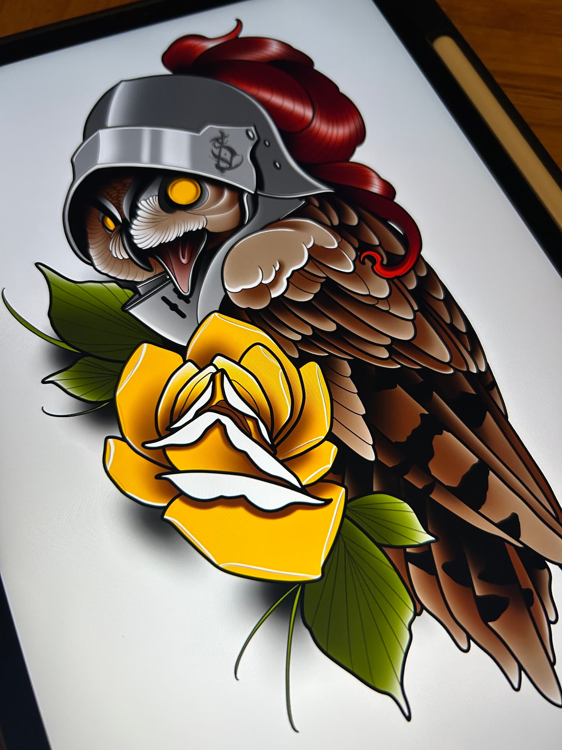 Neo traditional tattoo design of an owl wearing a knight helmet with a yellow rose