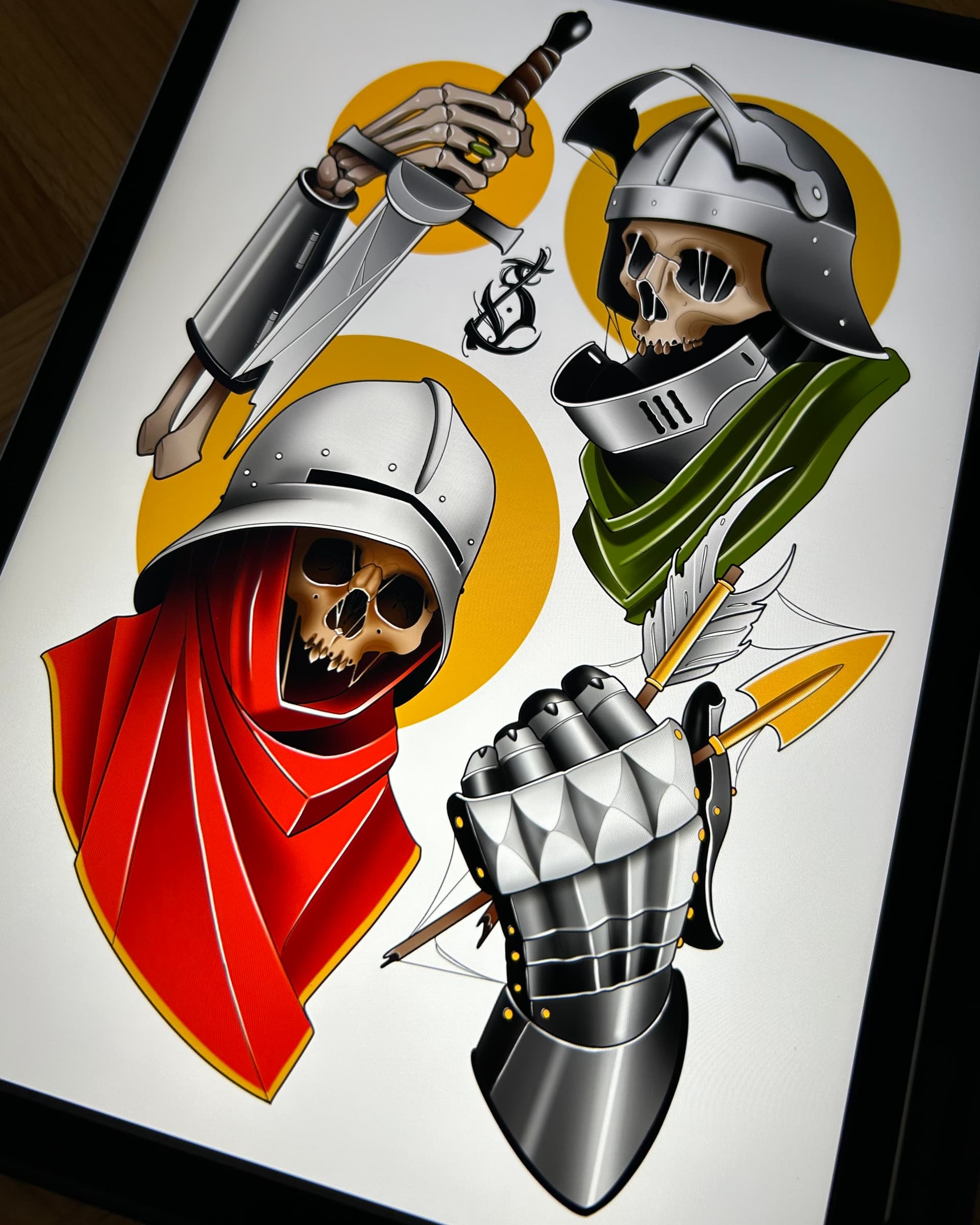 Neo traditional tattoo flash set featuring four medieval designs — two skeletons in helmets, sword, and armored gauntlet with arrow