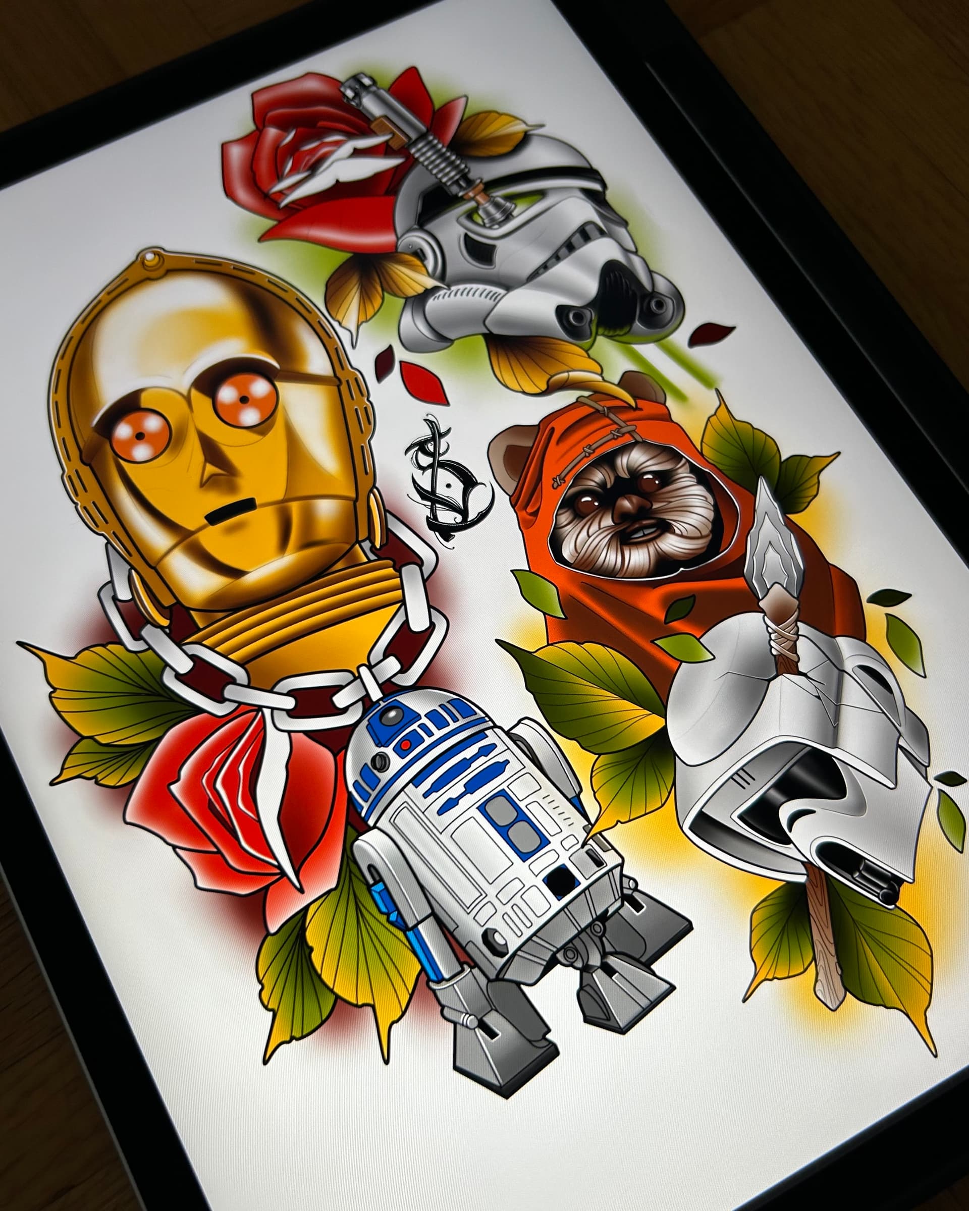 Neo traditional tattoo flash set inspired by Star Wars — R2-D2, C-3PO, Ewok, Stormtrooper, and Scout Trooper designs