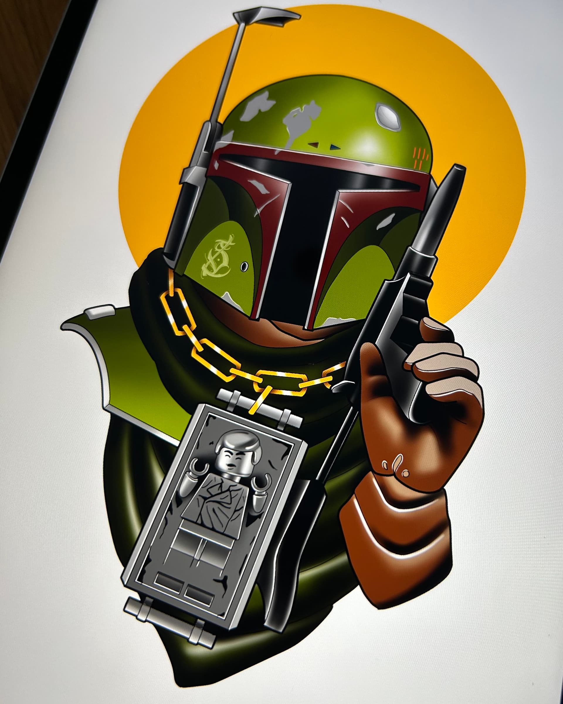 Neo traditional tattoo design inspired by Star Wars — Boba Fett holding a blaster with Han Solo in carbonite pendant