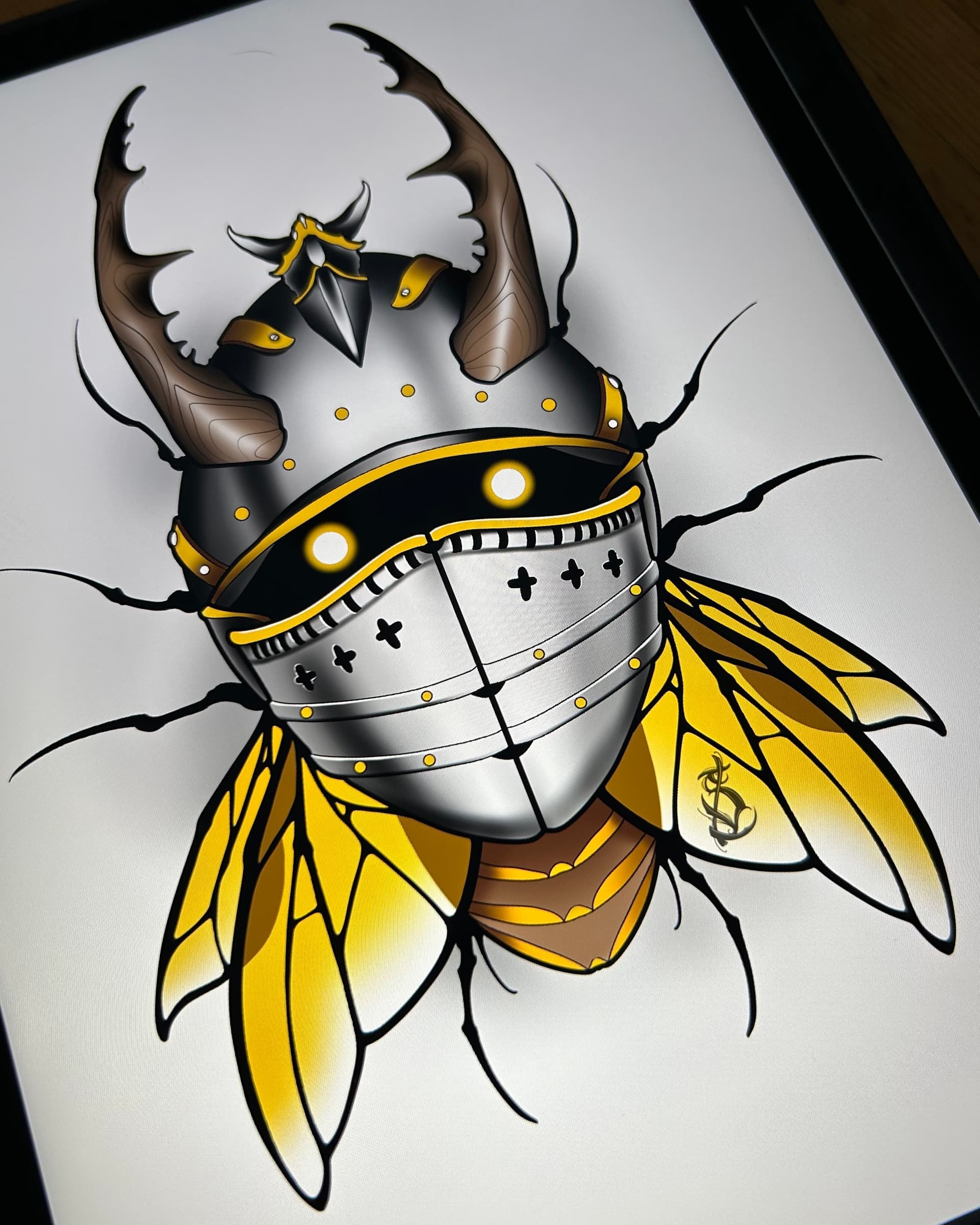 Neo traditional tattoo design of a beetle wearing a medieval knight helmet with golden wings and antlers
