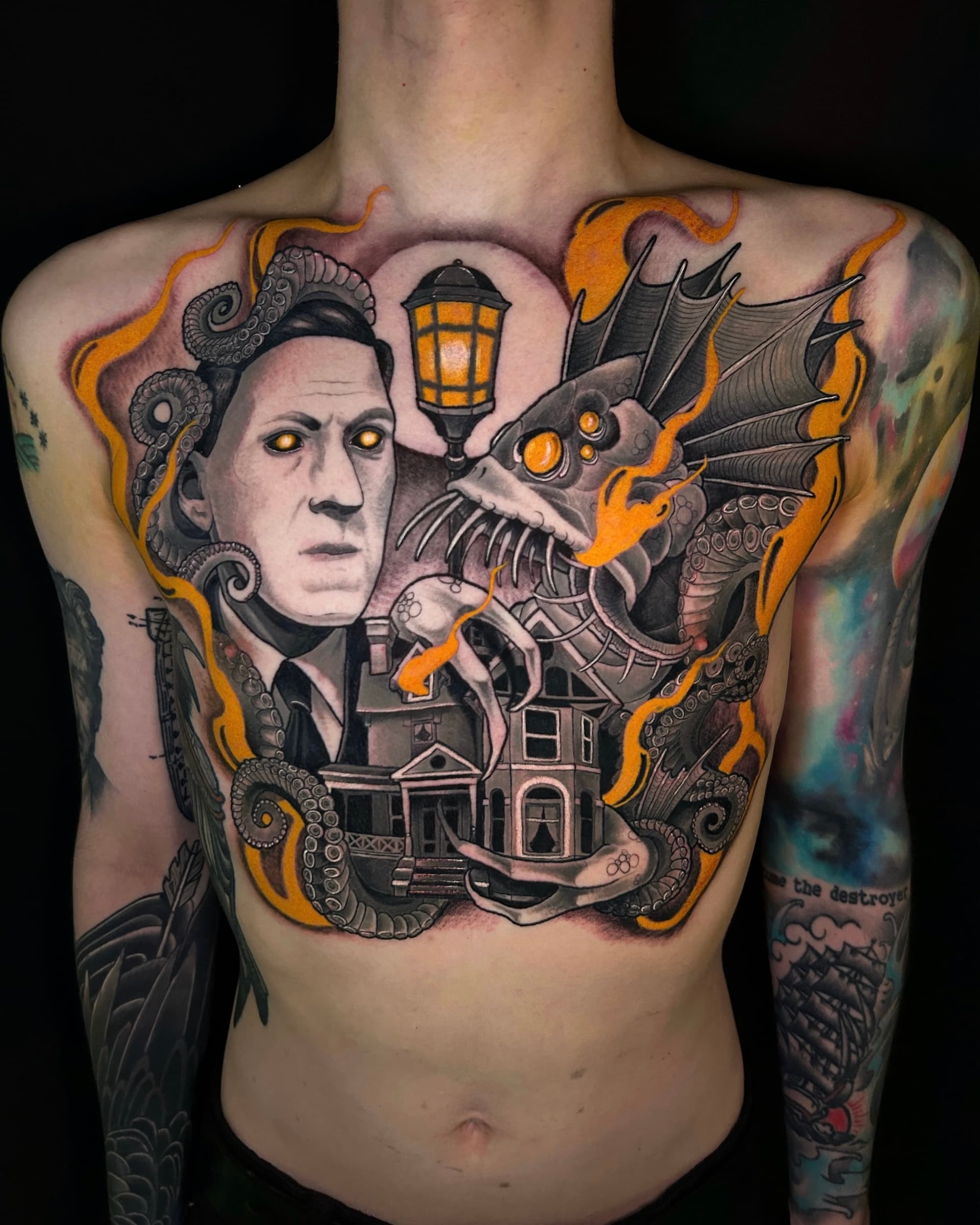 Neo traditional chest tattoo of H. P. Lovecraft with a sea creature, tentacles, and a lantern — bold illustrative design