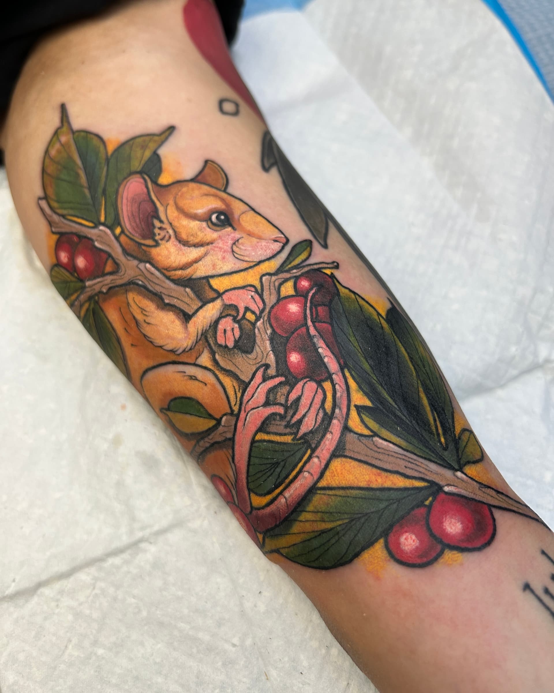 Neo traditional tattoo of a mouse on a branch with red berries and green leaves — vibrant illustrative design